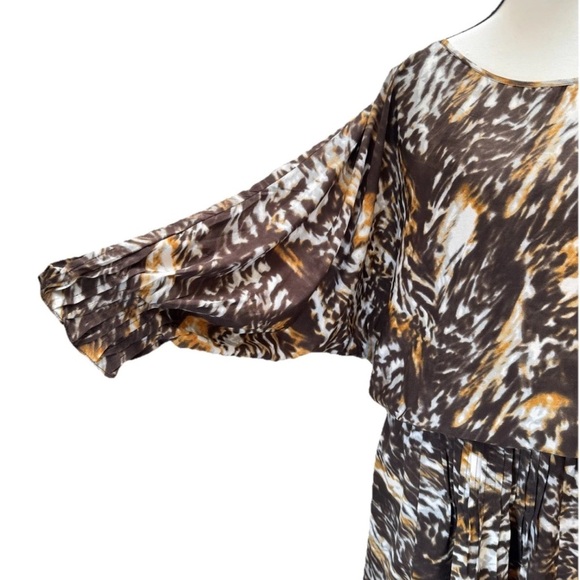 W118 Walter Baker Blouson Dress Large Brown Orange Animal Print Balloons Sleeves - Picture 2 of 8